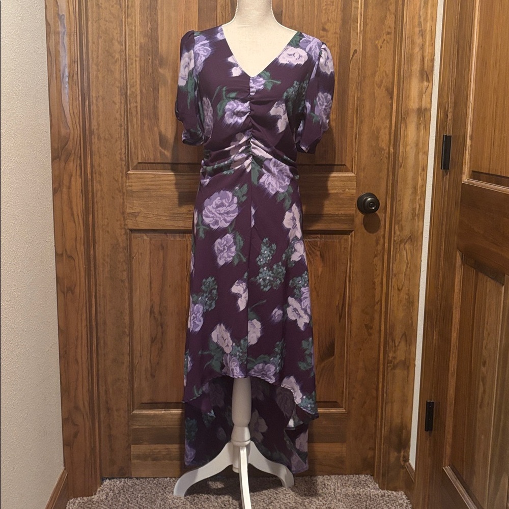 a new day Purple Floral High Low Dress with puff sleeves- Medium